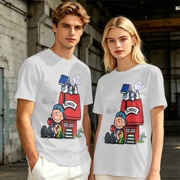 Olive T-shirt with Charlie Brown and Snoopy School Print