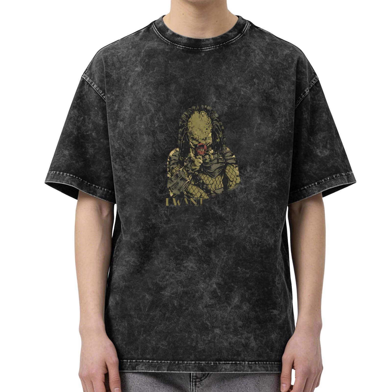 Washed Black Oversized T-Shirt With Predator Graphic Print