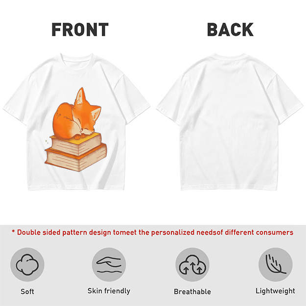 Olive T-Shirt With Sleeping Fox On Stacked Books Print