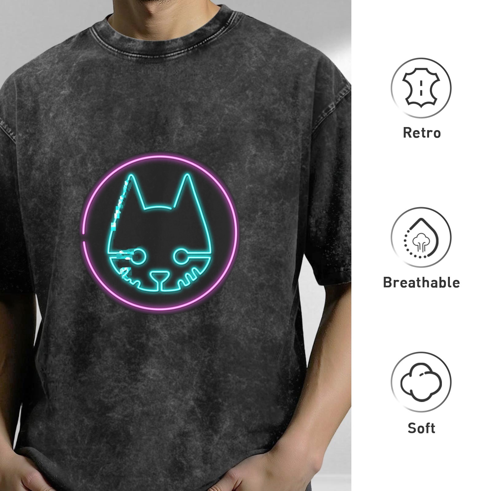 Oversized Vintage Wash T-Shirt with Neon Cyberpunk Cat Graphic Print