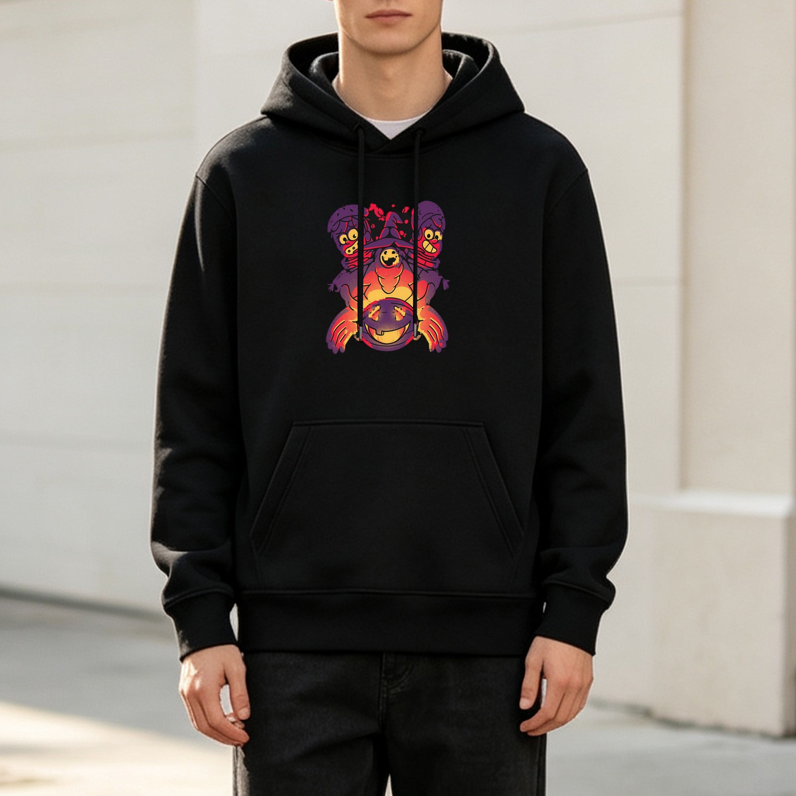 Black Hoodie With Halloween Ghost Witch Graphic Design