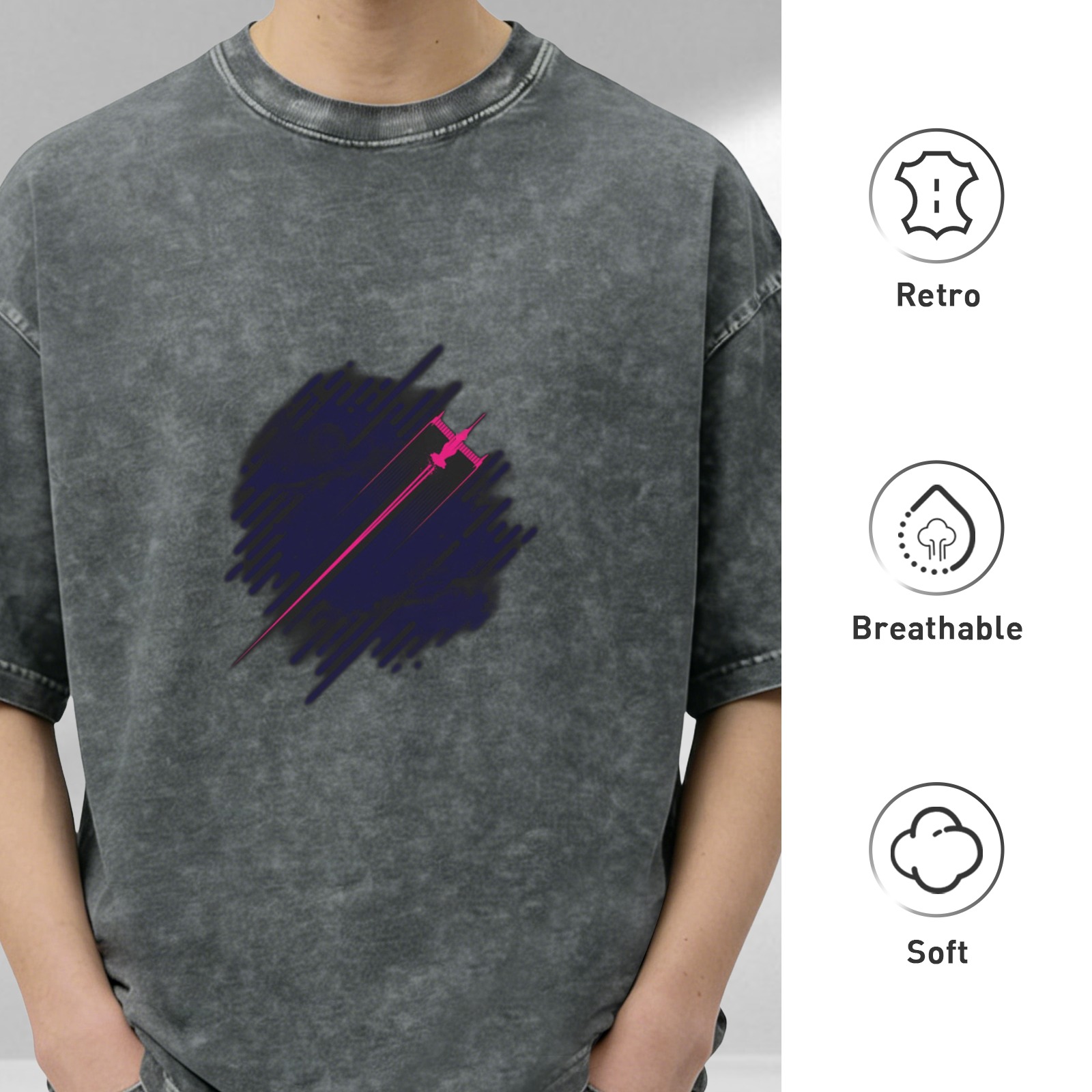 Distressed washed black loose short-sleeved T-shirt with pink and purple fighter print
