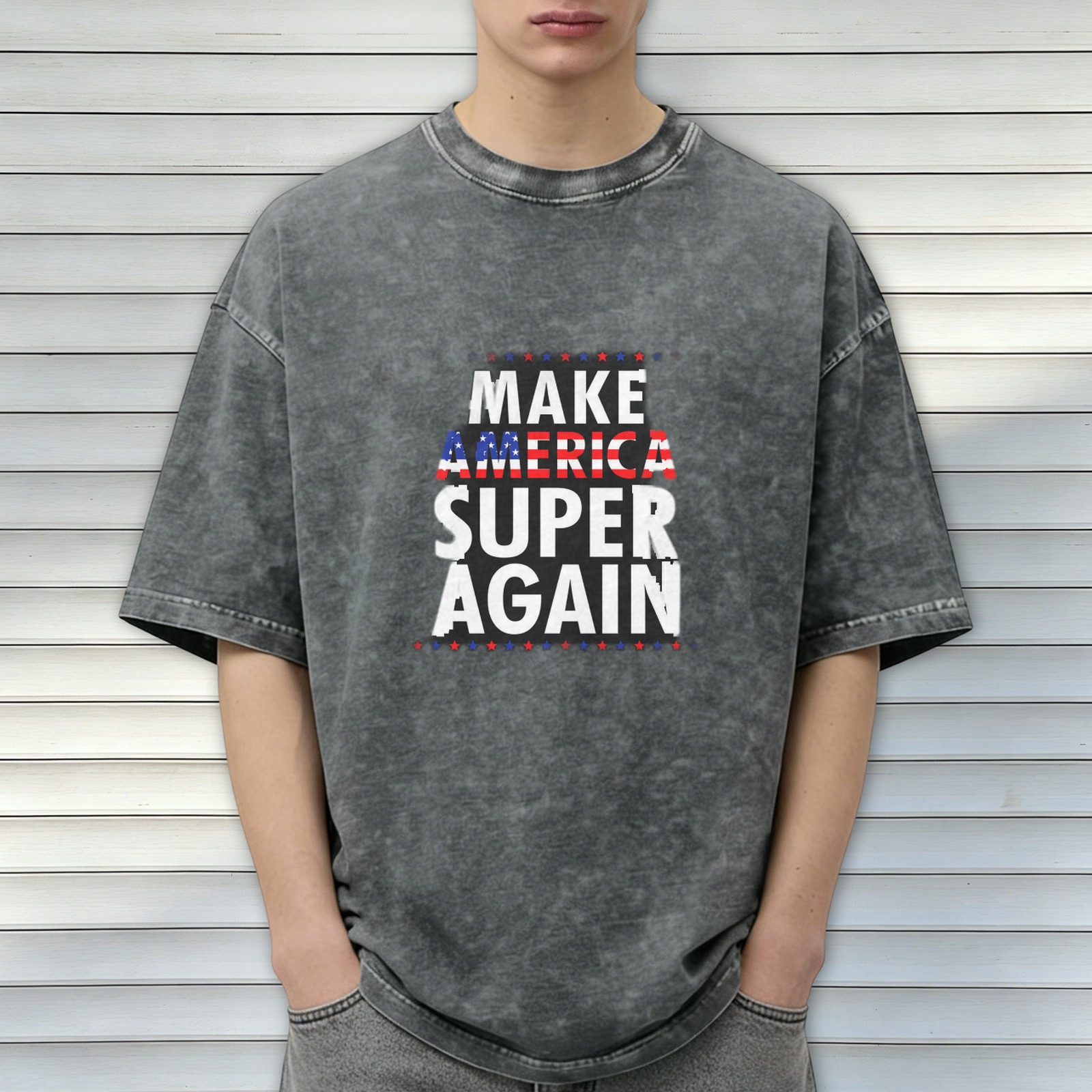 Oversized dark wash t-shirt with Make America Super Again patriotic print