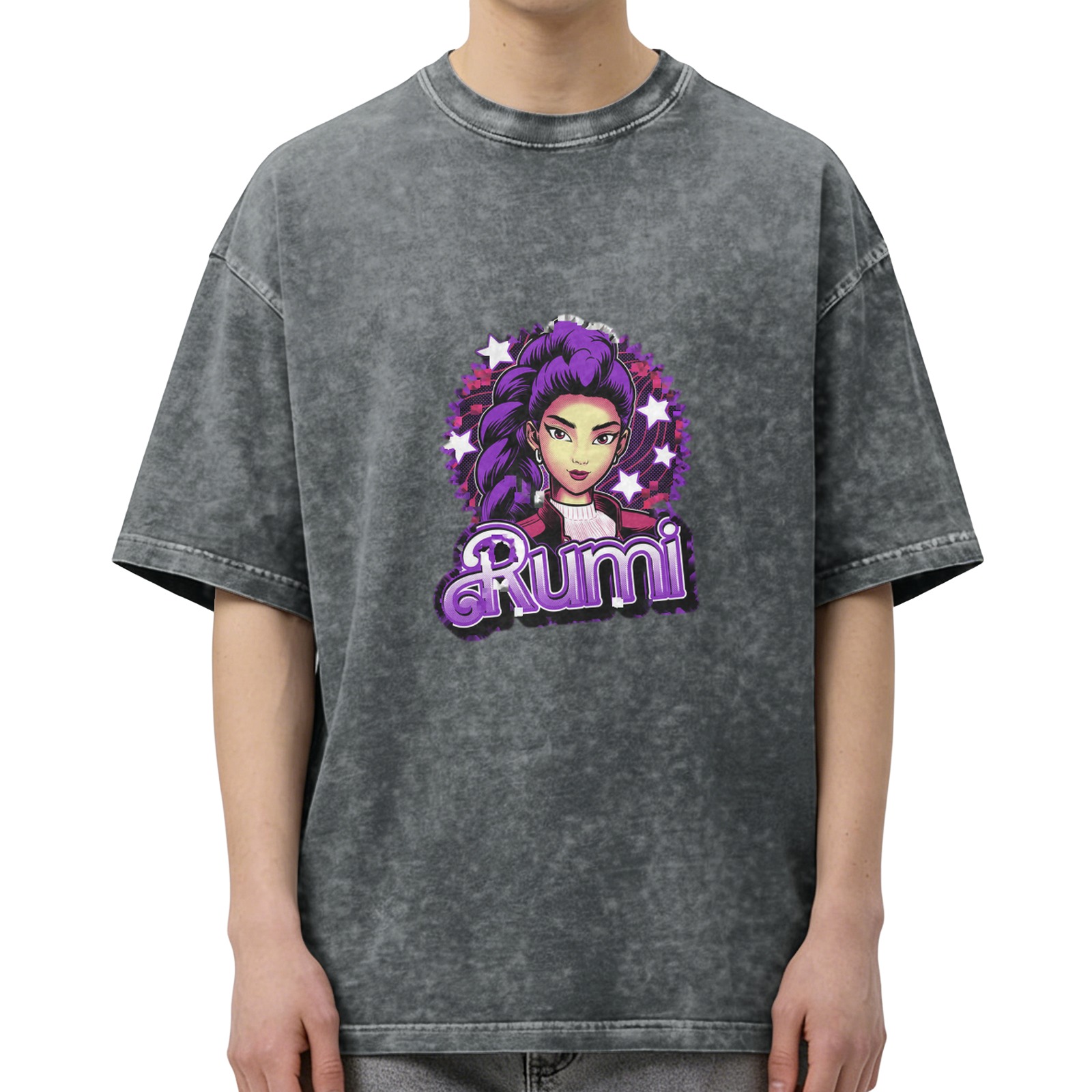 Oversized Black Acid Wash T-Shirt With Rumi Graphic Print