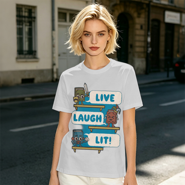 Olive T-Shirt With Cartoon Books 'Live Laugh Lit' Graphic