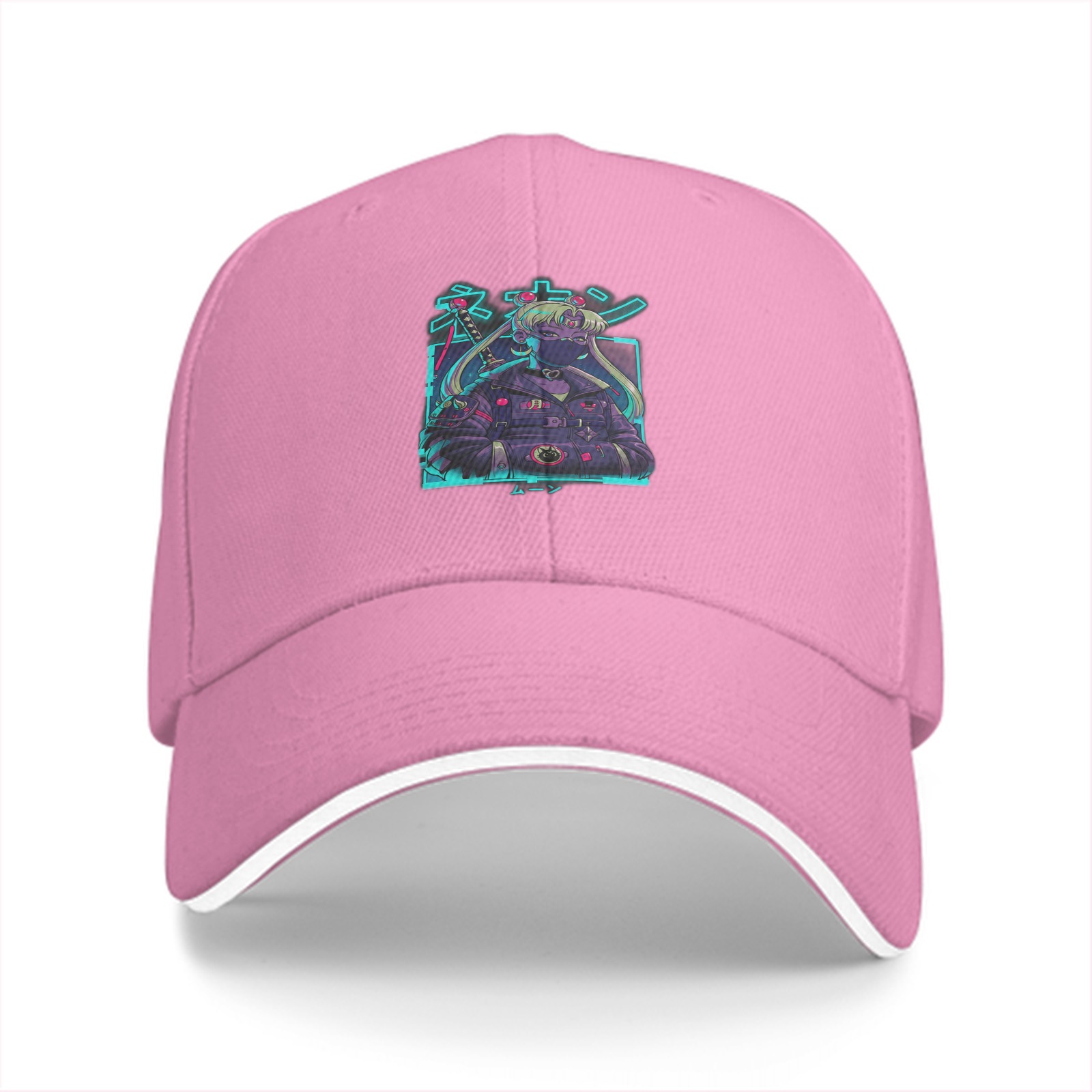 Black baseball cap with cyberpunk anime graphic print