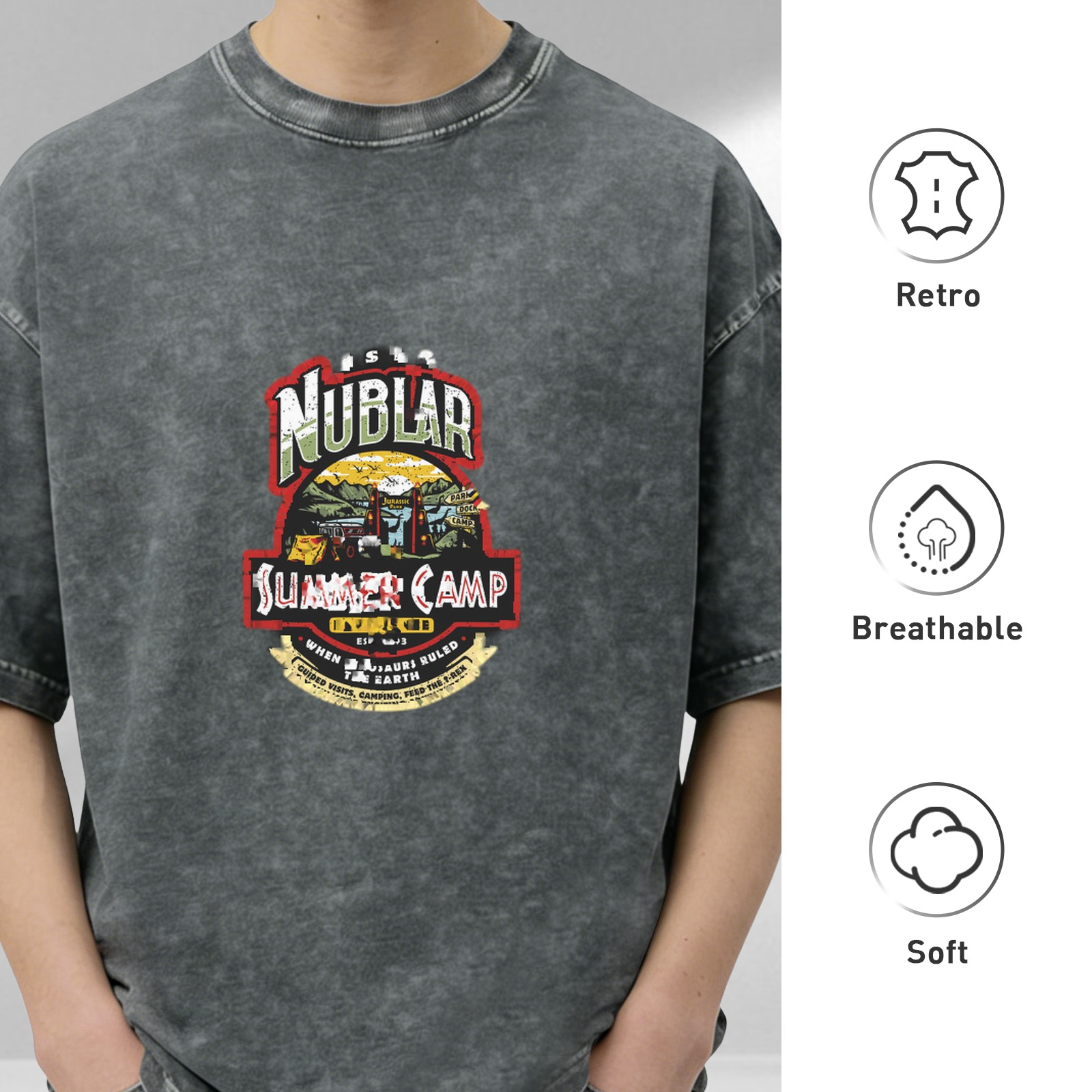 Nublar Summer Camp themed distressed washed black short-sleeved T-shirt