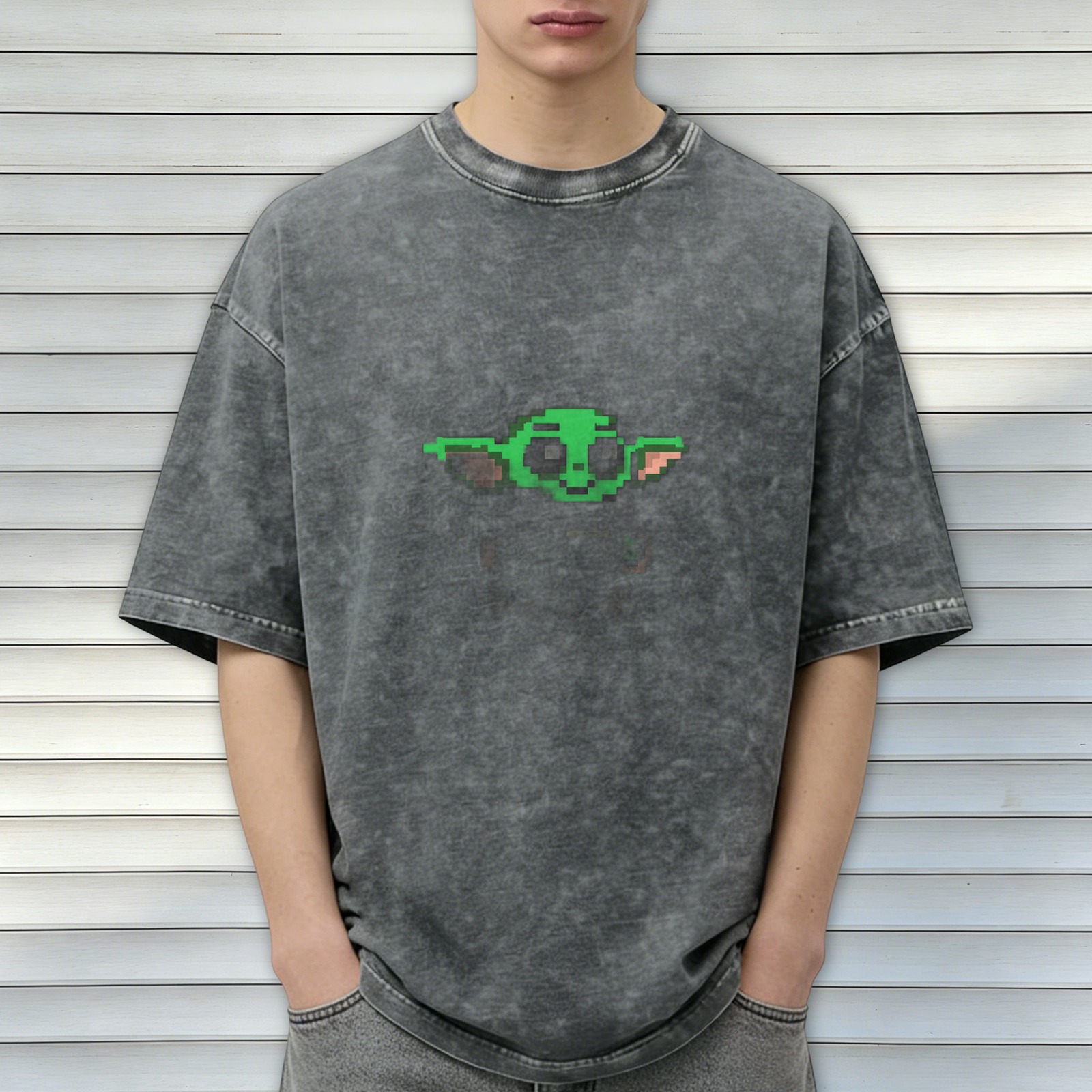 Washed Black Oversized T-Shirt with Pixel Baby Alien Graphic