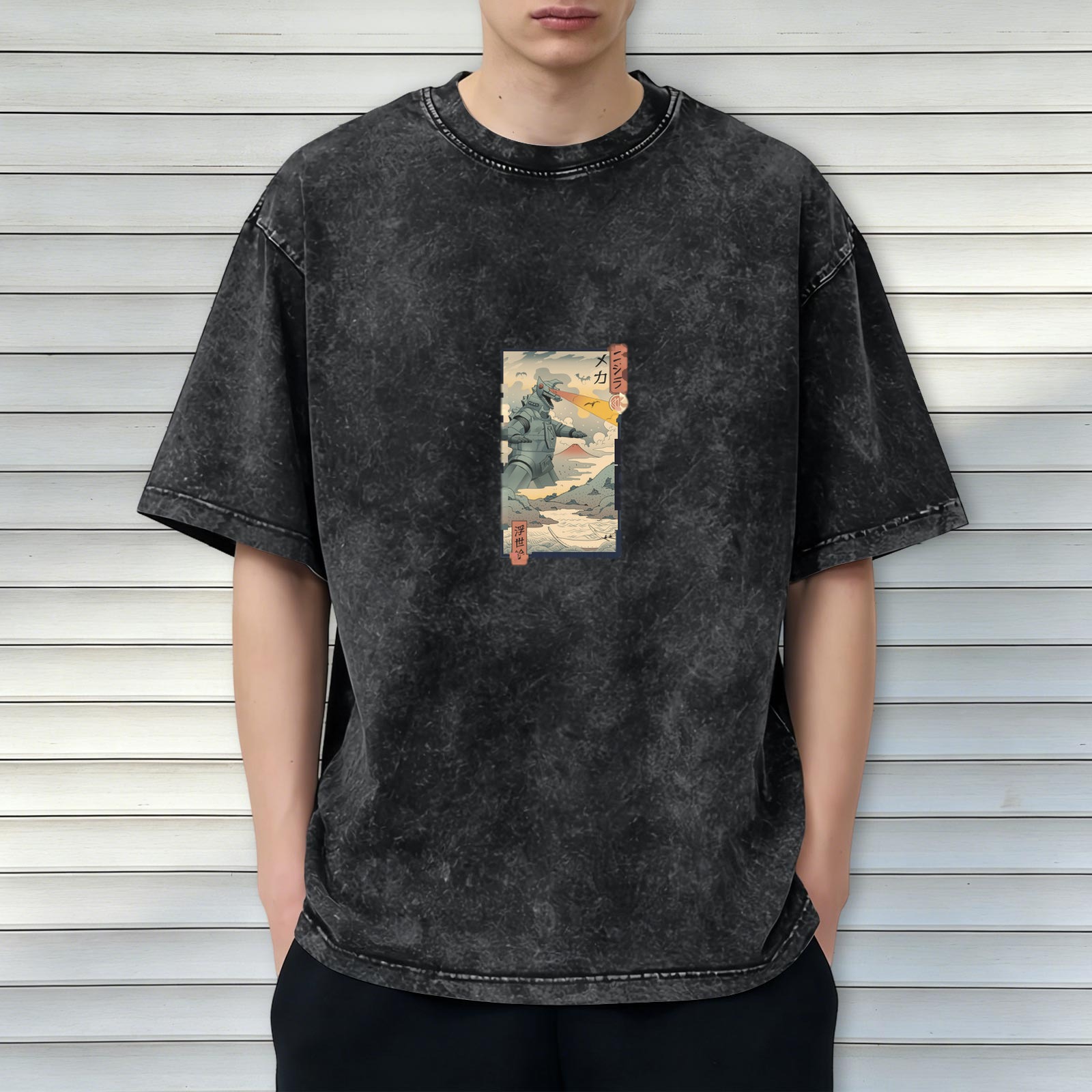 Oversized Acid Wash T-Shirt with Ukiyo-e Mech Monster Print