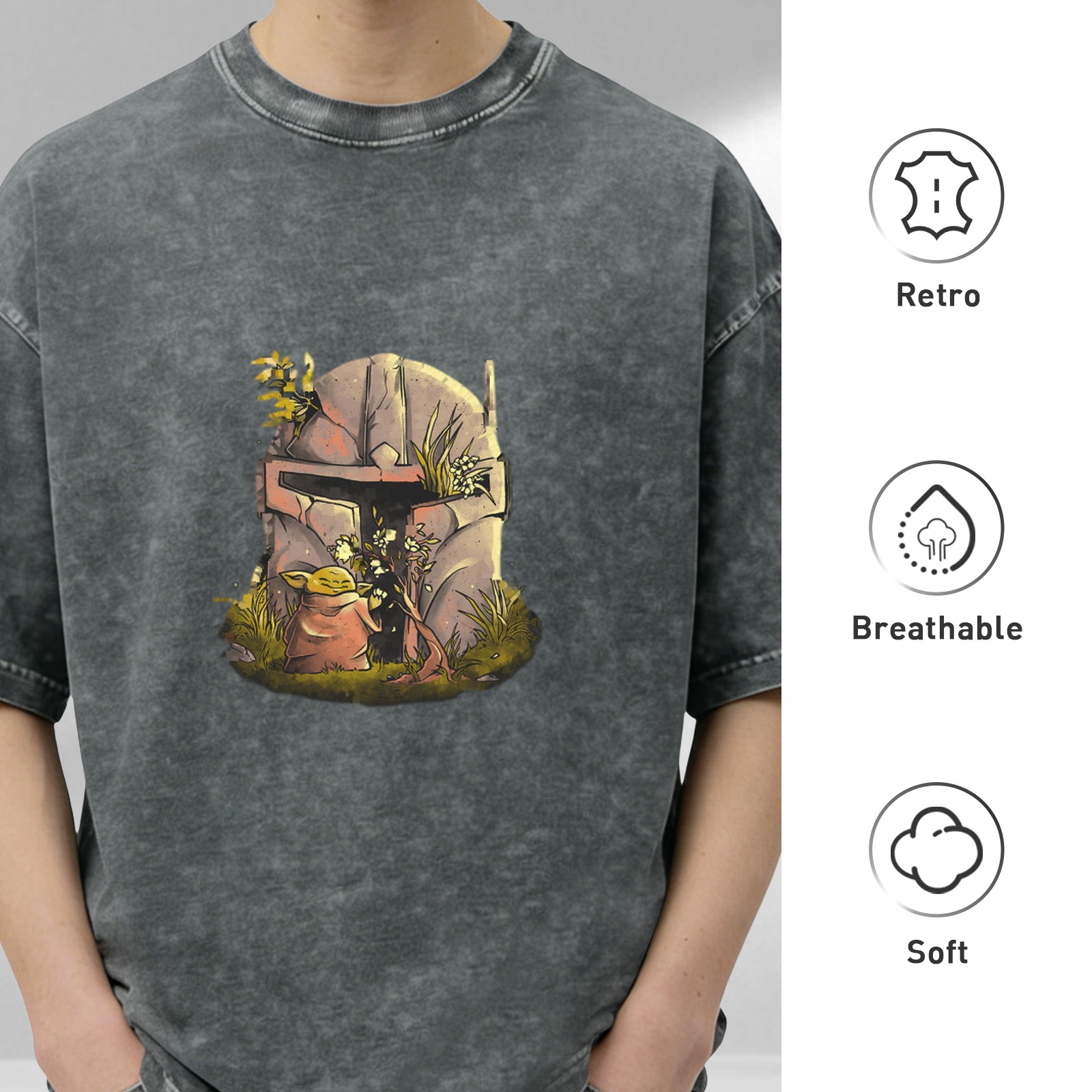 Star Wars Baby Yoda Mandalorian Helmet Graphic Acid Wash T-Shirt