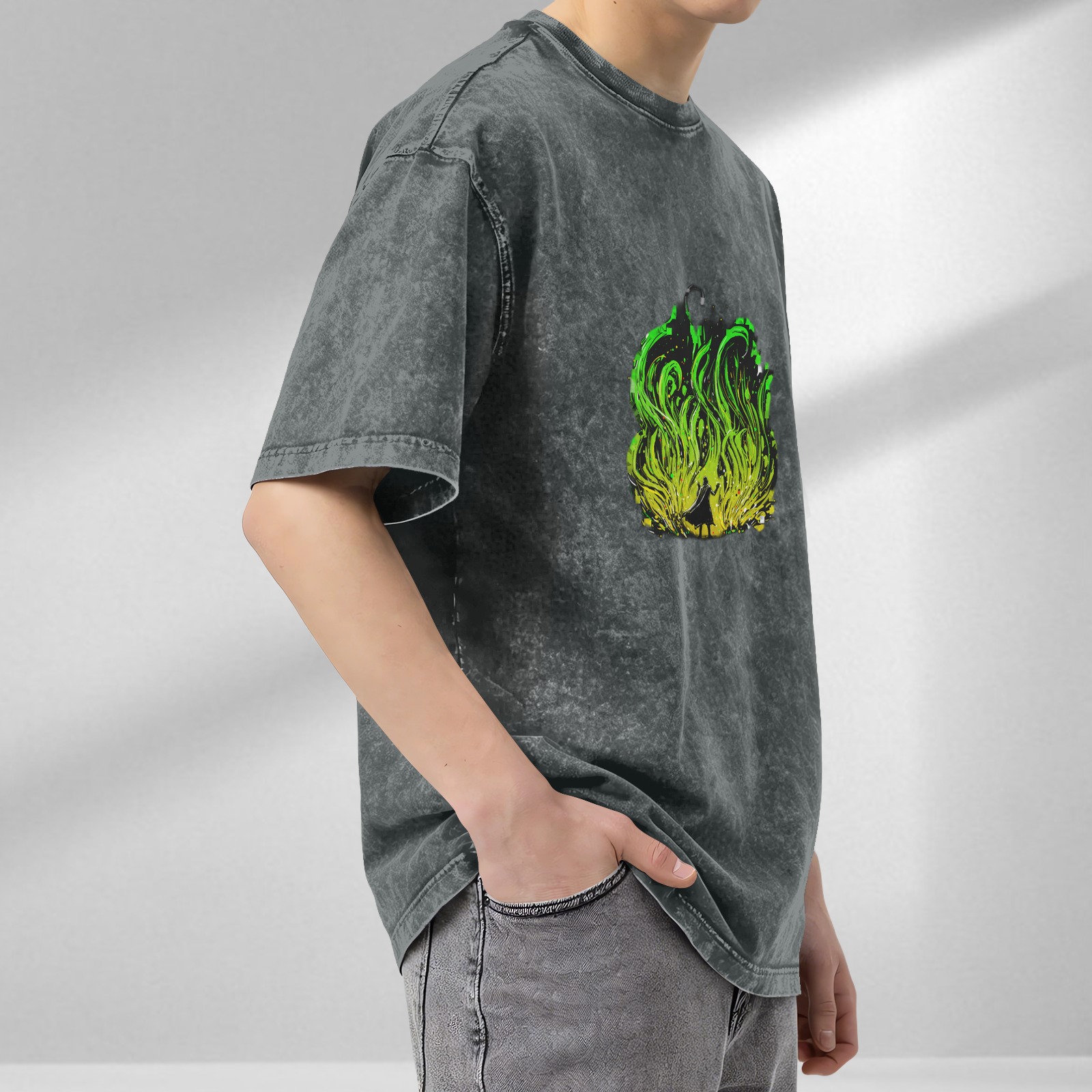 Oversized Acid Wash T-Shirt With Green Flame Silhouette Print