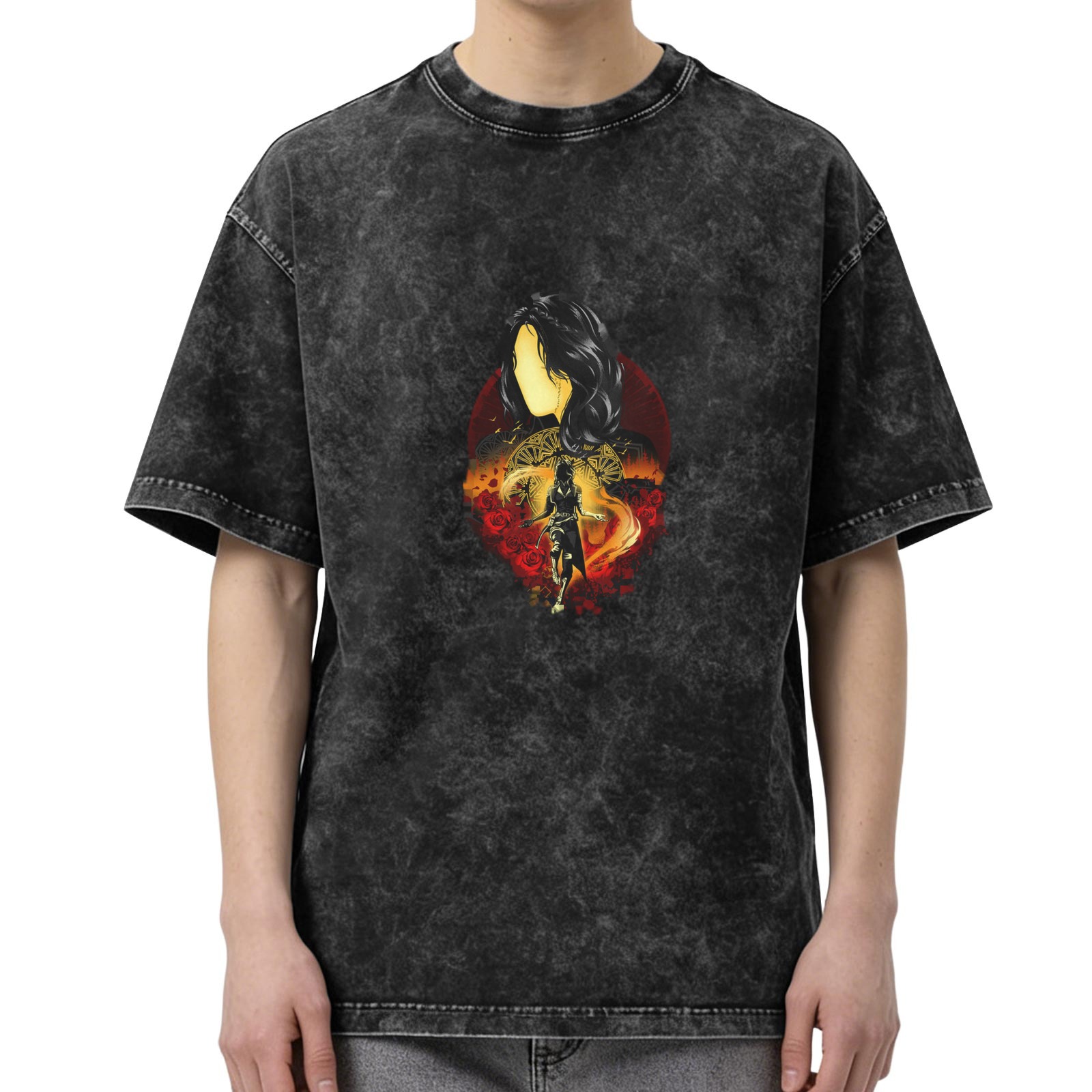 oversized acid wash graphic t-shirt with fantasy warrior woman print