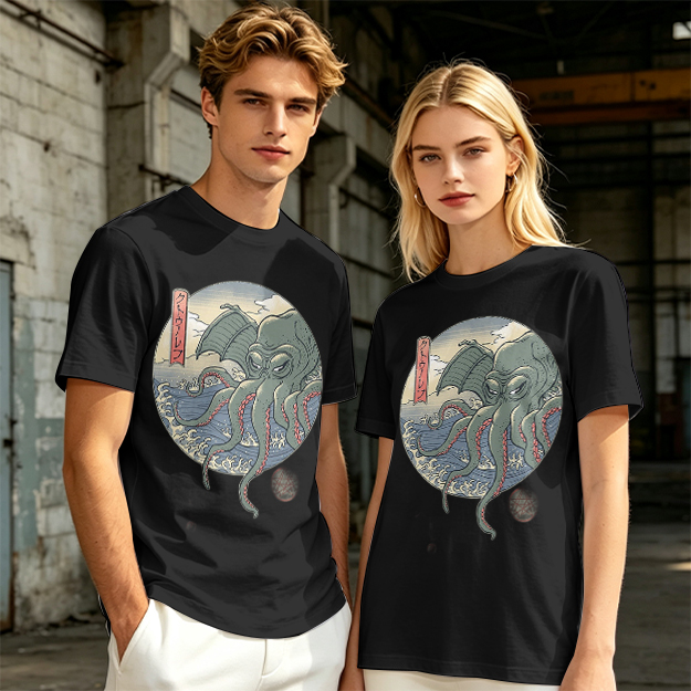 Olive T-shirt with Ukiyo-e Style Cthulhu Octopus Print