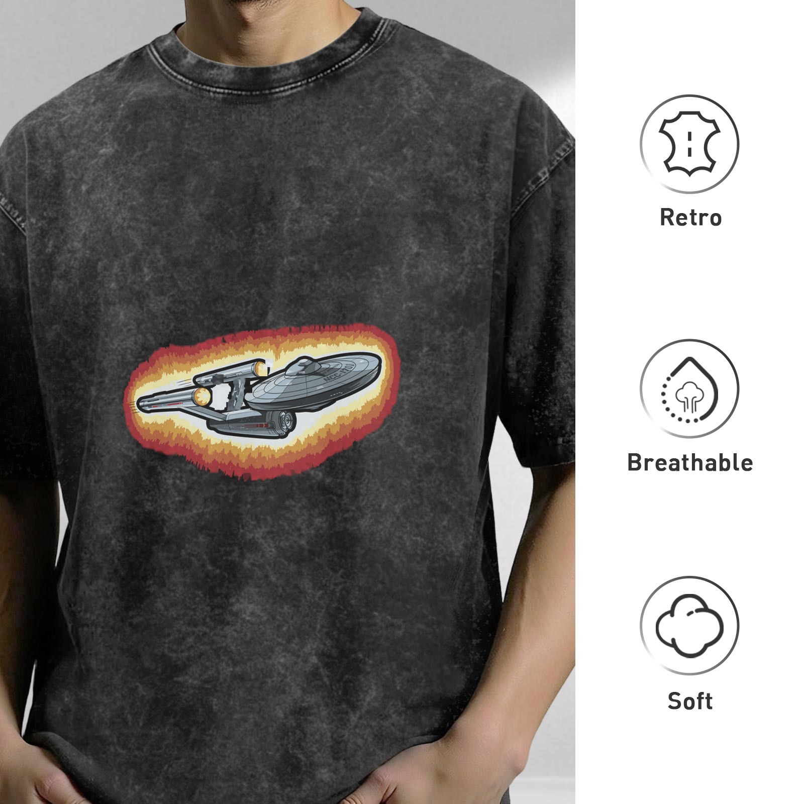 Washed Black T-Shirt with Star Trek Starship Graphic