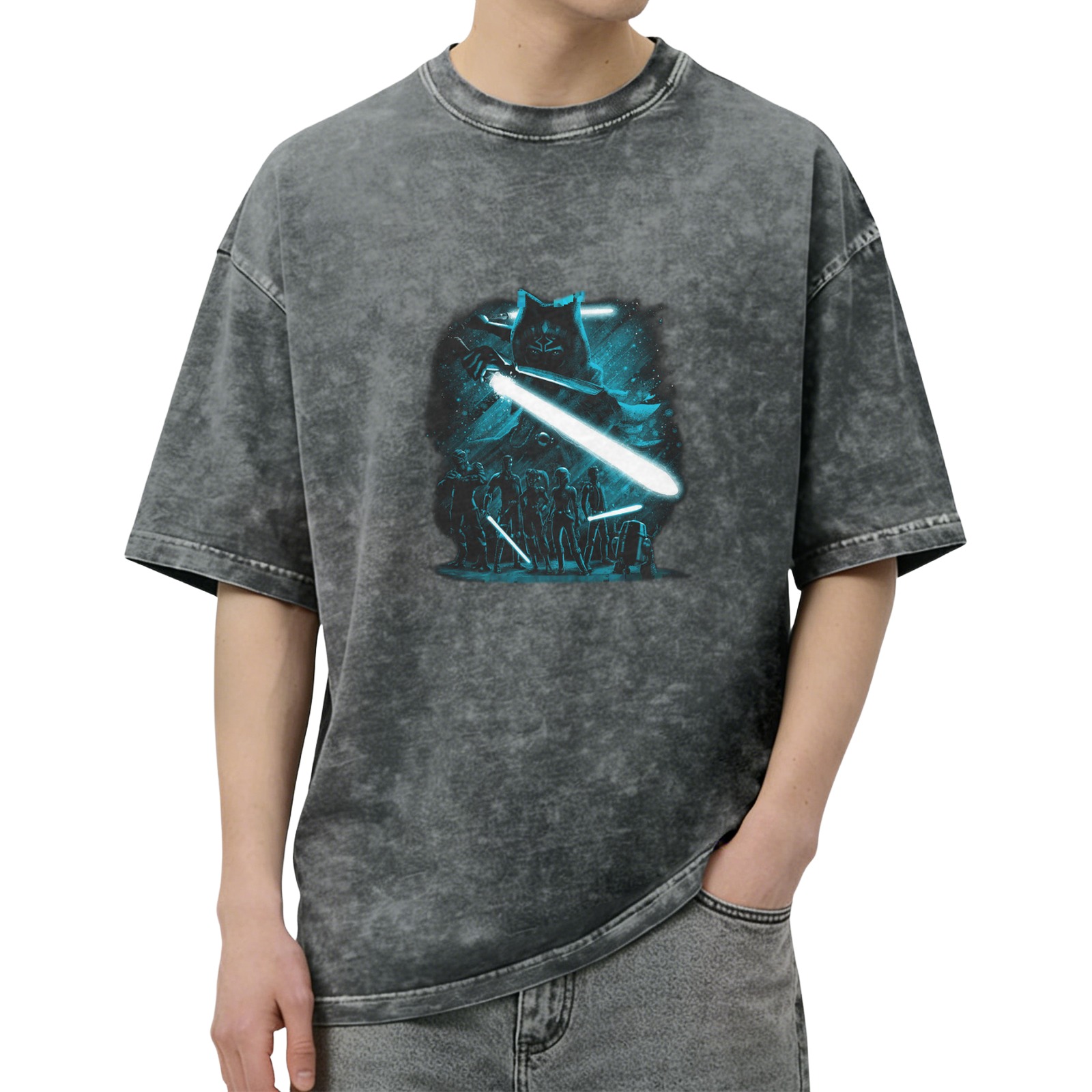 Star Wars Inspired Graphic Print Acid Wash Short Sleeve T-Shirt
