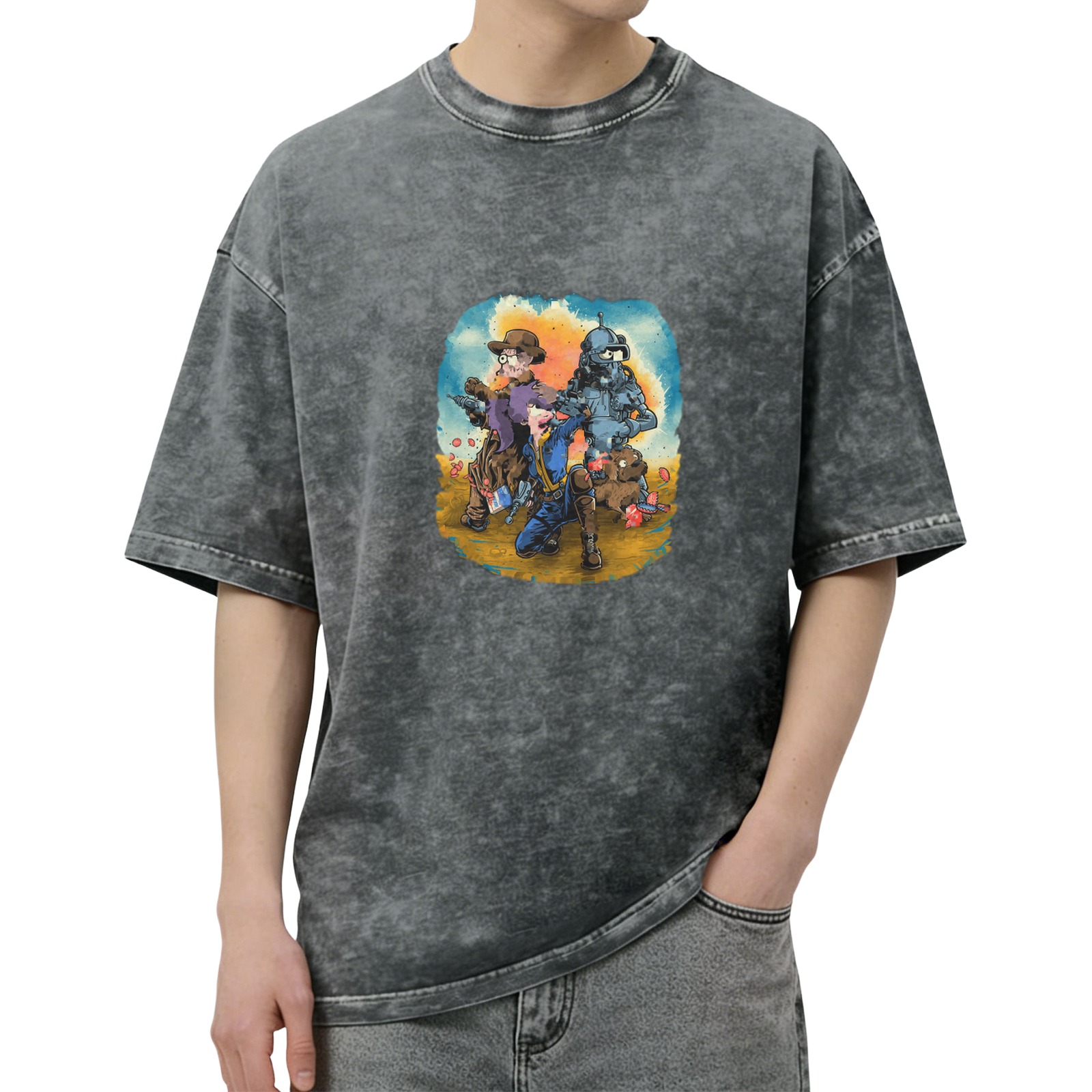 Vintage Washed Black T-Shirt with Fallout Themed Watercolor Graphic Print