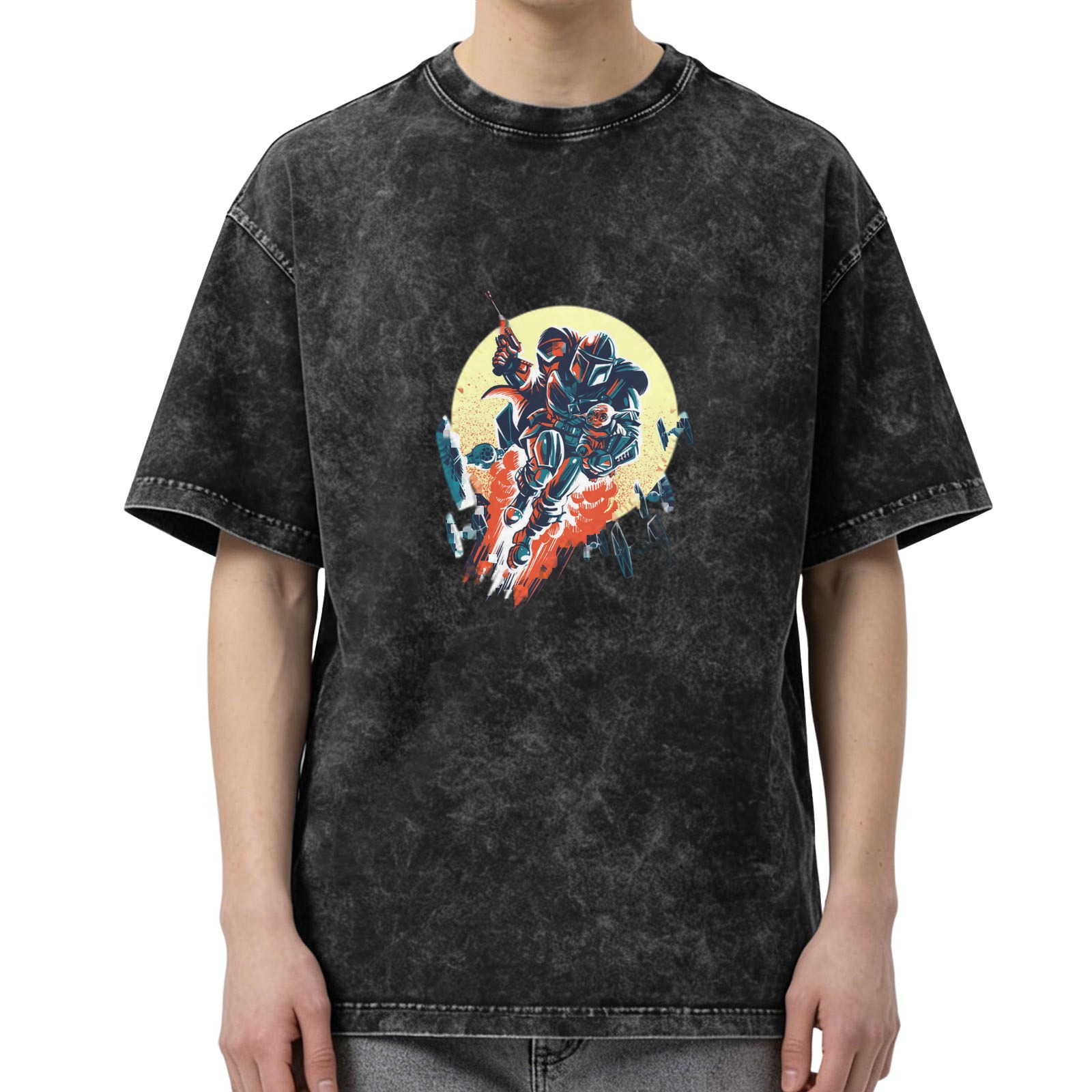 Washed Black Oversized T-Shirt with Sci-Fi Warrior Graphic Print
