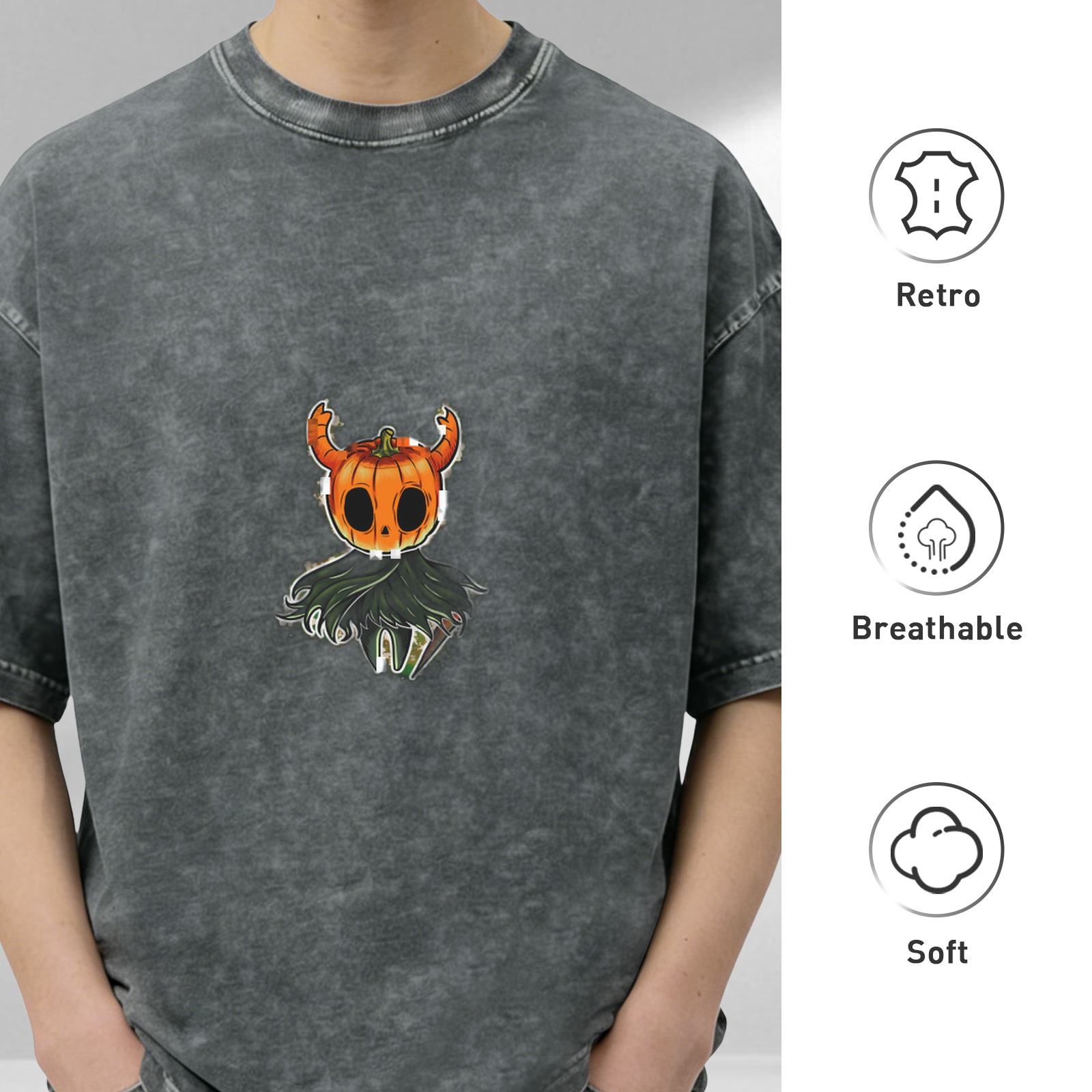Oversized dark washed graphic t-shirt with pumpkin horned creature print