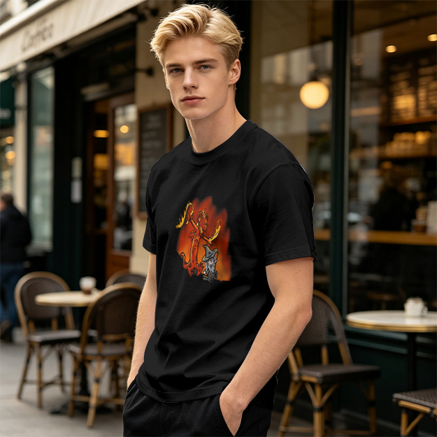 Olive T-shirt with Cartoon Demon and Wizard Fantasy Print