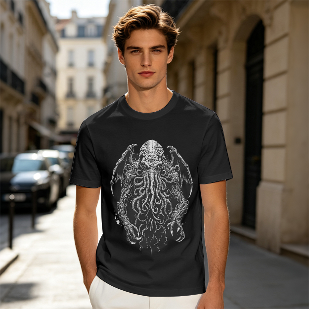 Olive Green T-Shirt with Cthulhu Monster Graphic Print