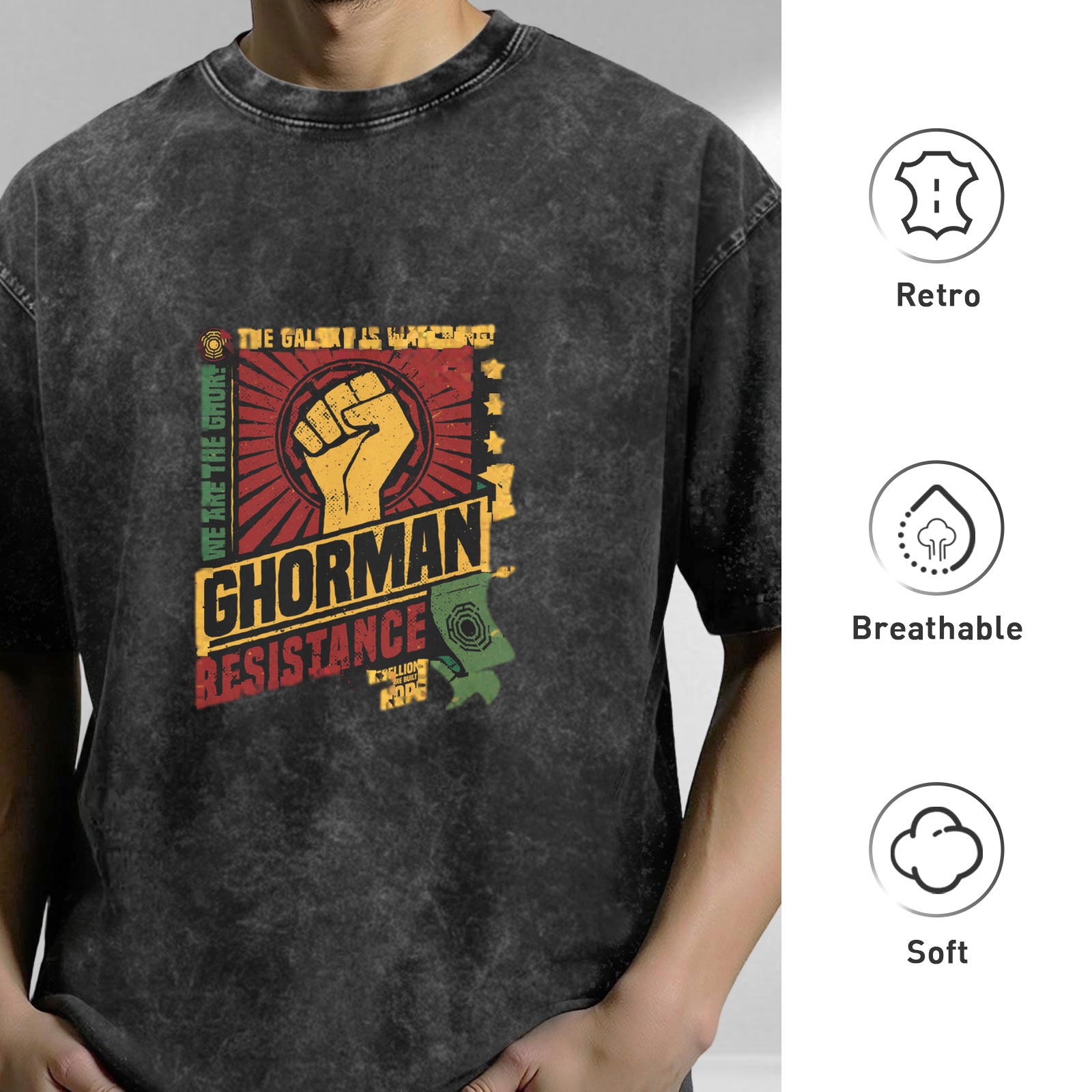 Ghorman Resistance Fist Graphic Acid-Wash Oversized T-Shirt