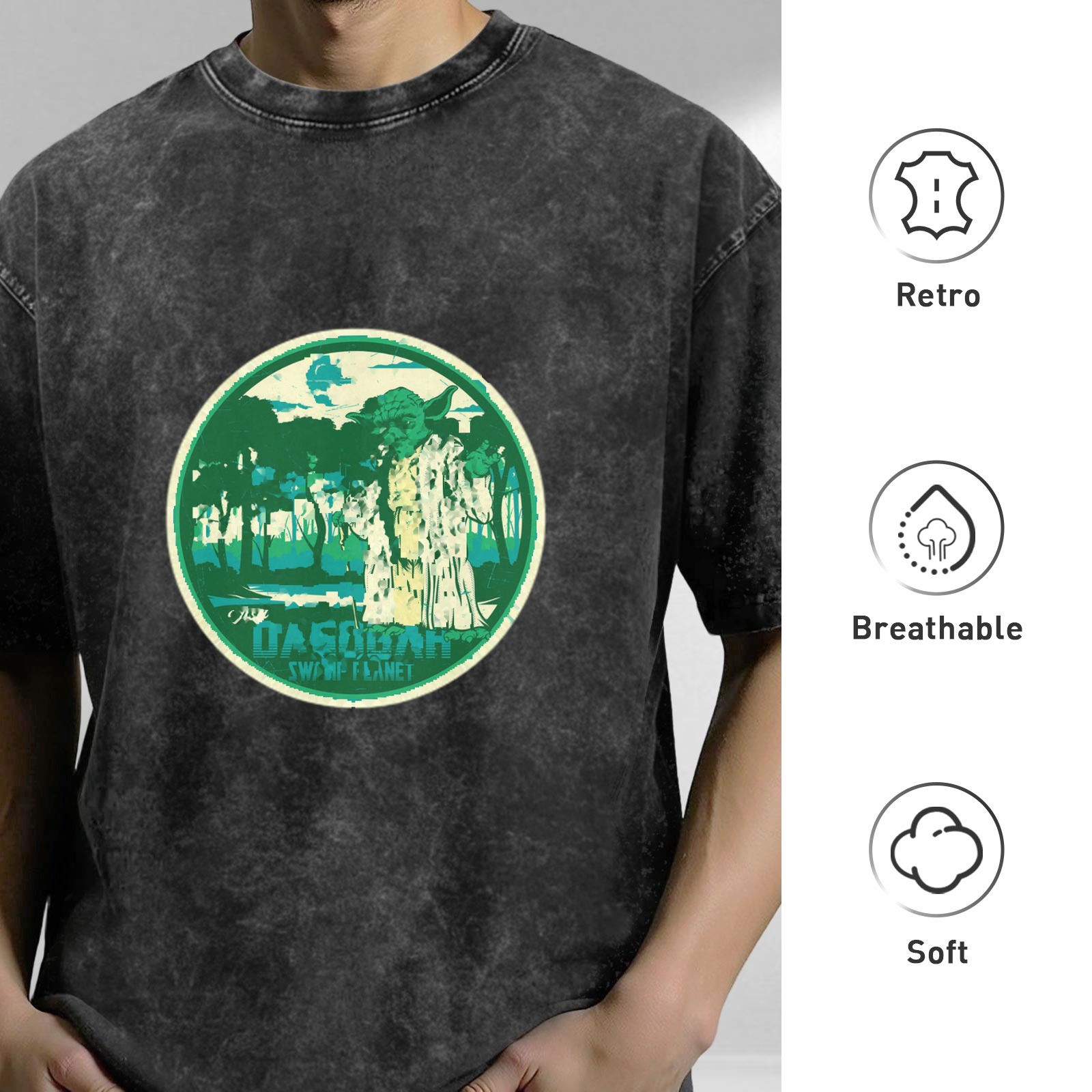 Oversized Acid Wash T-Shirt with Swamp Planet Graphic Print