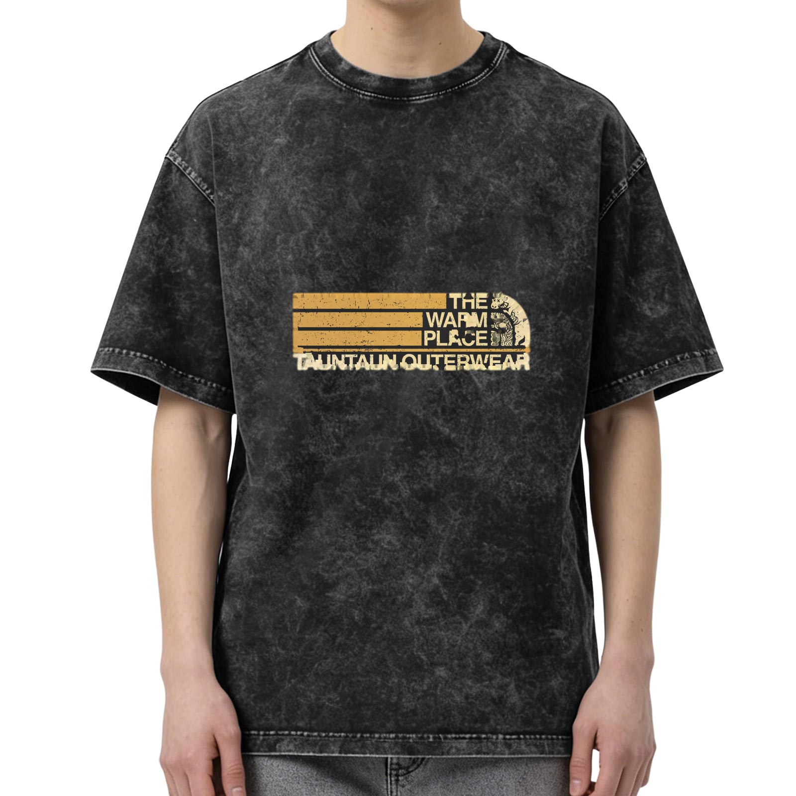 Distressed washed black loose short-sleeved T-shirt Fun spoof outdoor brand printed top