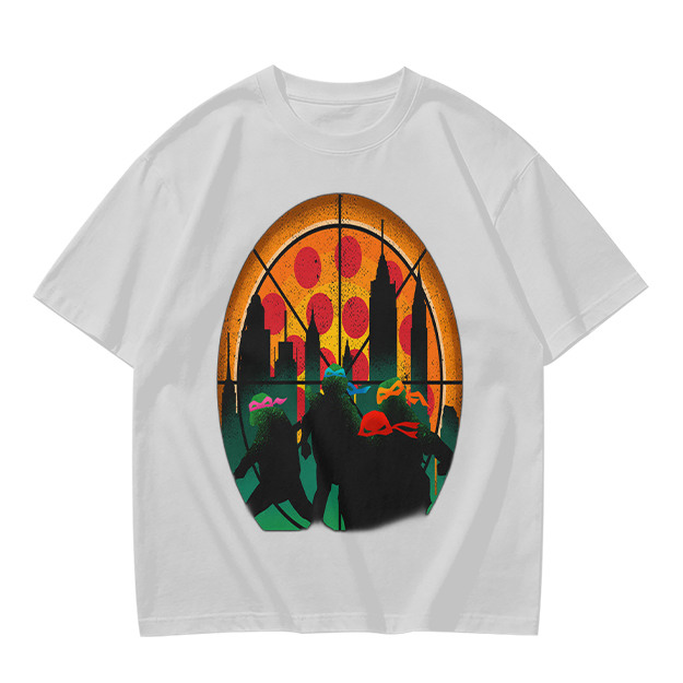 Olive T-Shirt With Ninja Turtles Pizza City Silhouette Print