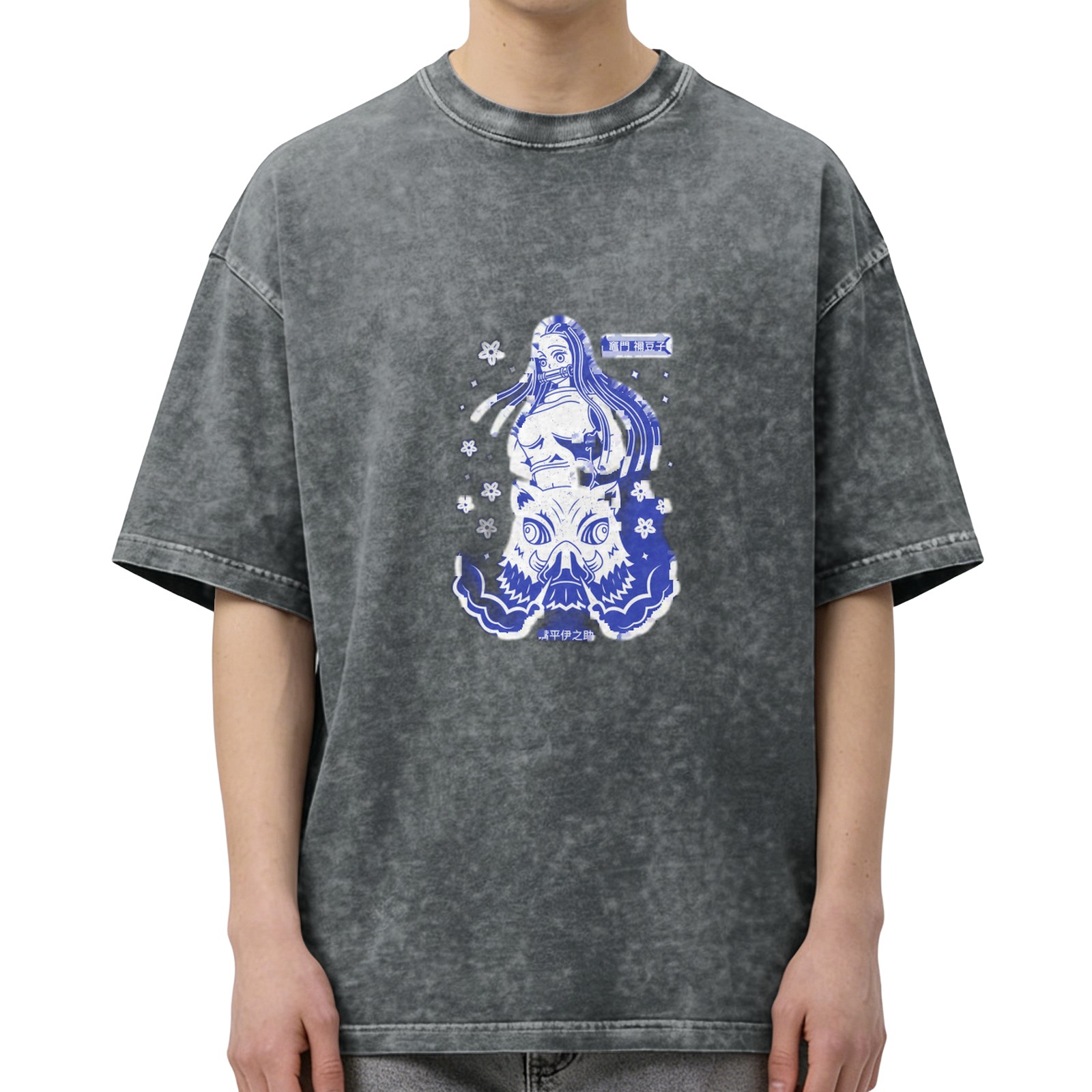 Anime Graphic Dark Wash Oversized T-Shirt