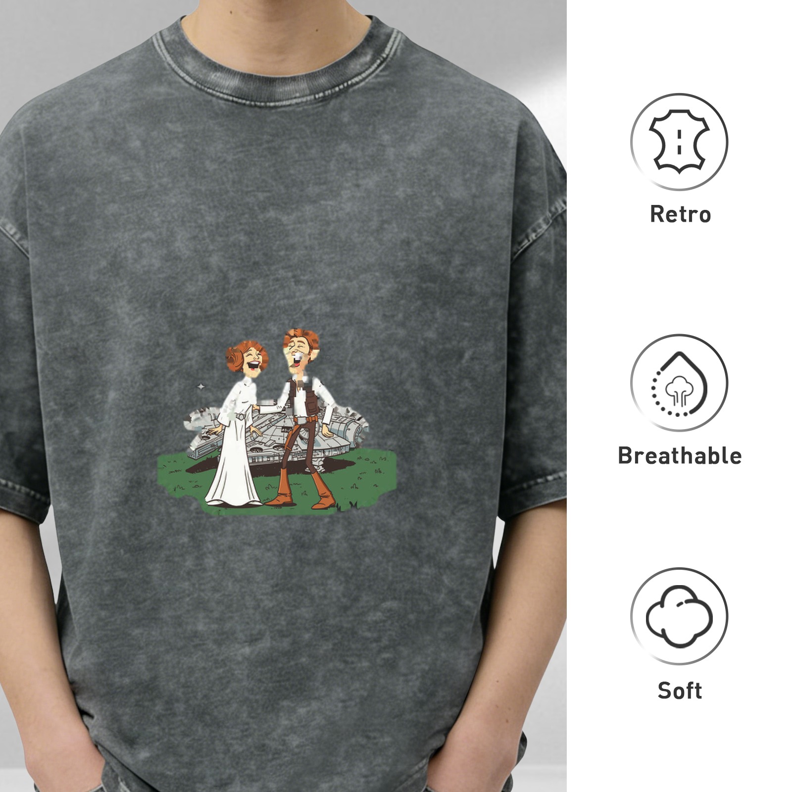 Washed black t-shirt with laughing Star Wars characters and Millennium Falcon print