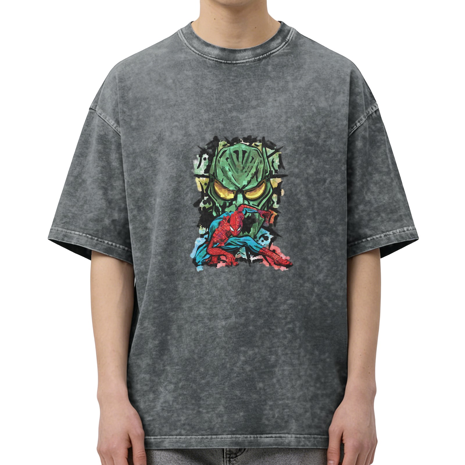 Oversized Acid Wash T-Shirt with Spider-Man vs Green Goblin Art