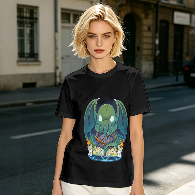 Olive T-shirt with Cute Cthulhu Reading Grimoire Print