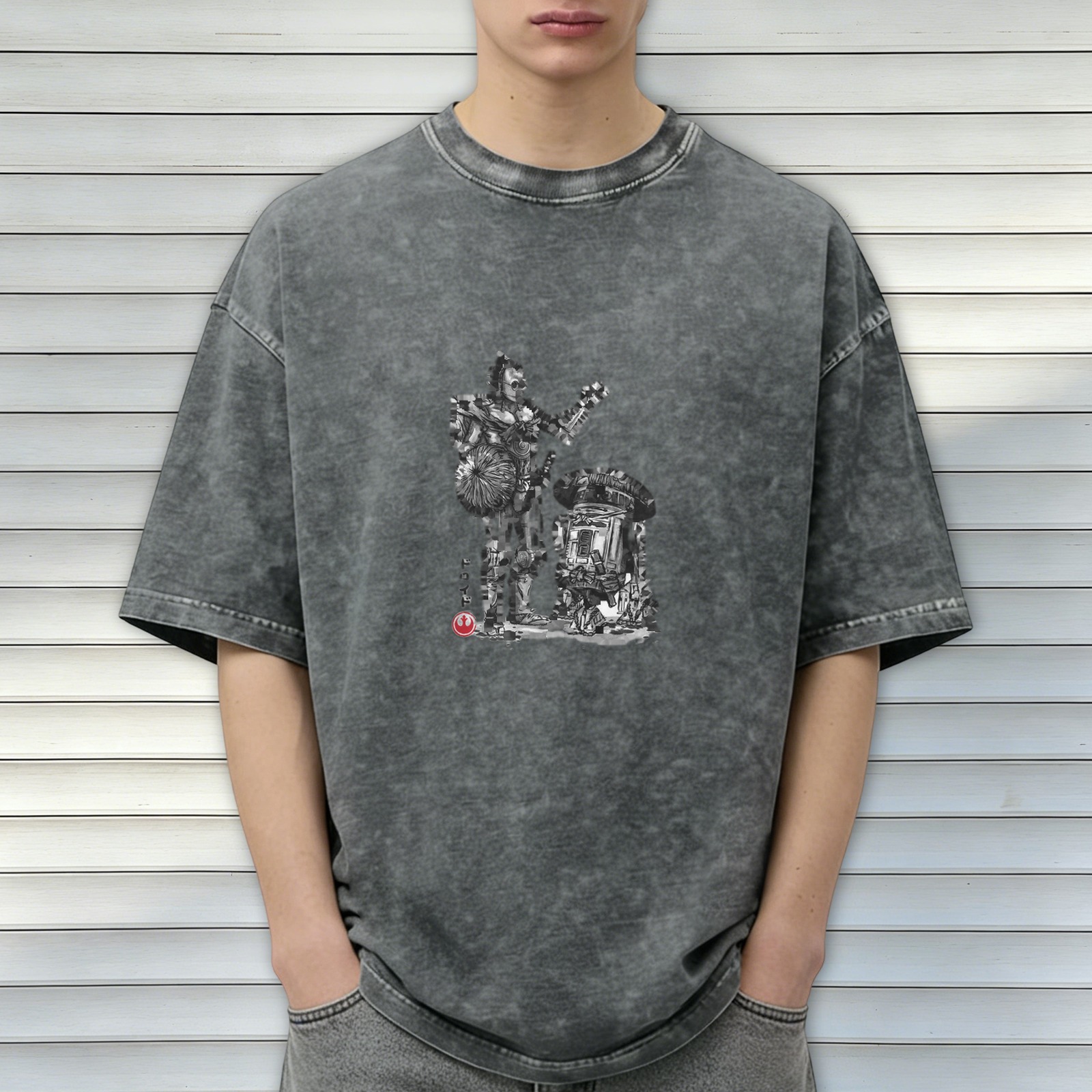 Distressed black and gray printed short-sleeved T-shirt Star Wars themed robot pattern casual top