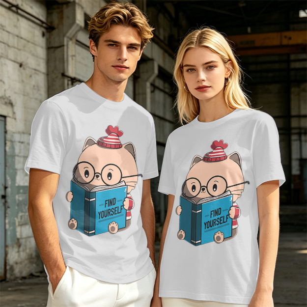 Olive T-shirt with Cute Reading Cat Graphic 'Find Yourself'