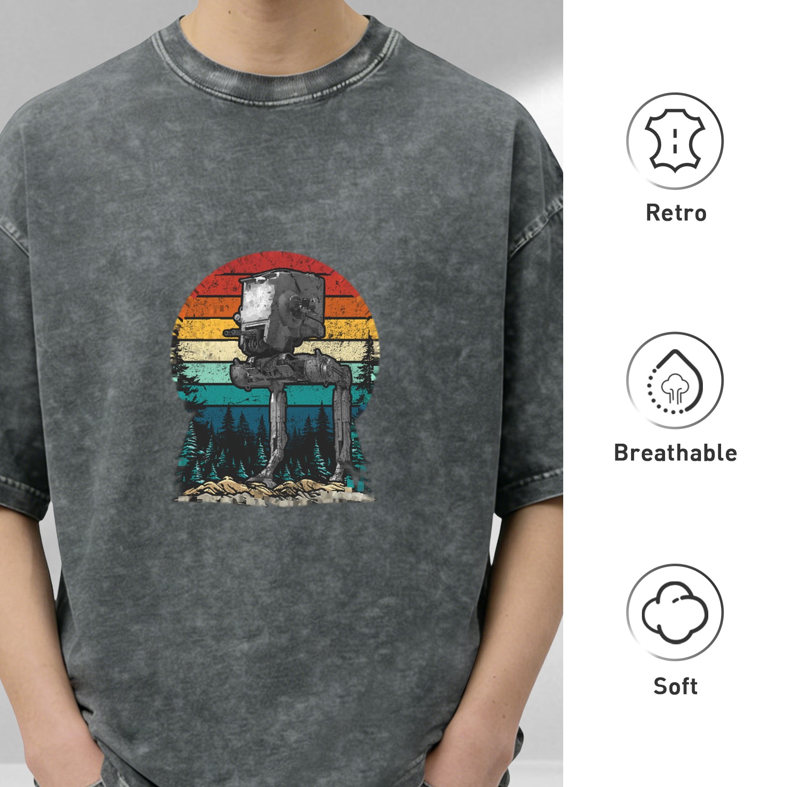 Star Wars AT-ST Walker Retro Sunset Forest Acid Wash T-Shirt