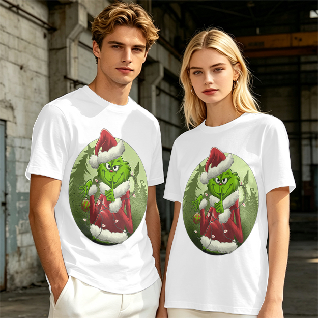 Olive Green T-Shirt Featuring The Grinch In Santa Costume