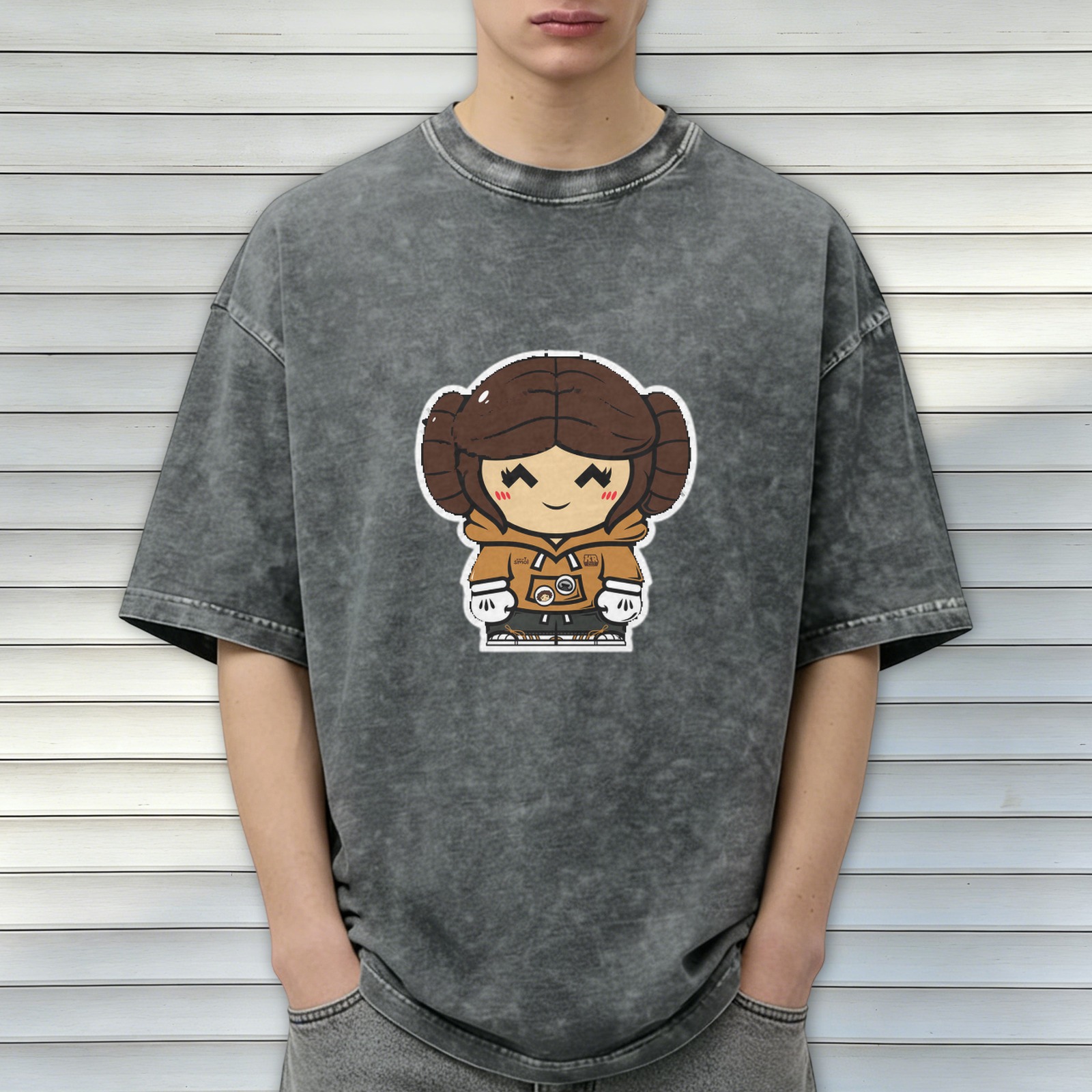 Oversized dark wash t-shirt with chibi princess leia graphic