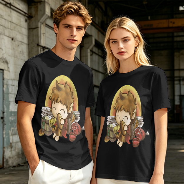 Chibi Hobbit Eating Bread Surrounded by Food T-Shirt