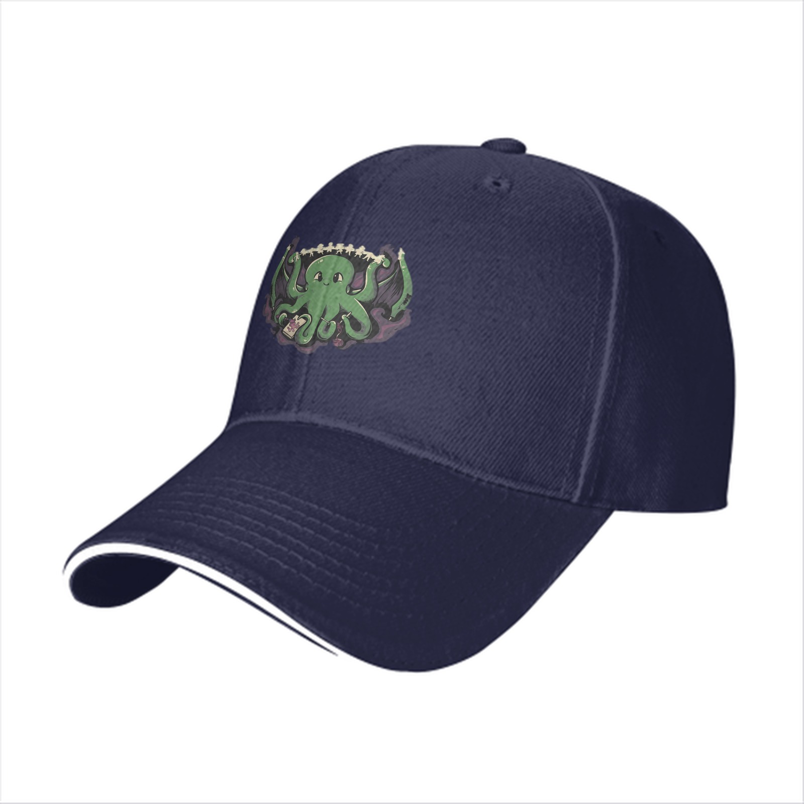 Black baseball cap with cute green octopus graphic design