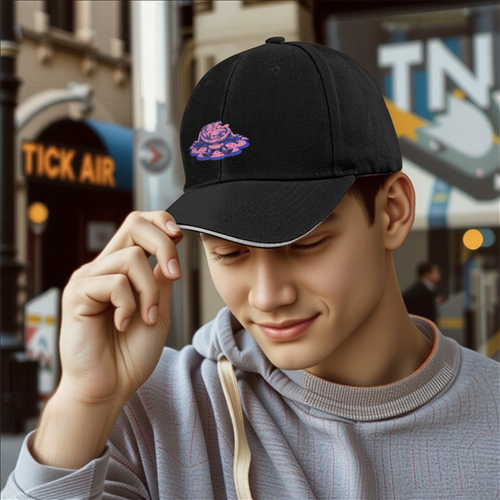 Black Baseball Cap With Pink Purple Slime Monster Graphic