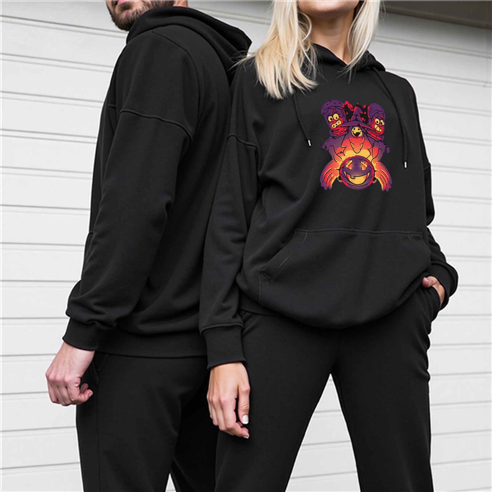 Black Hoodie With Halloween Ghost Witch Graphic Design
