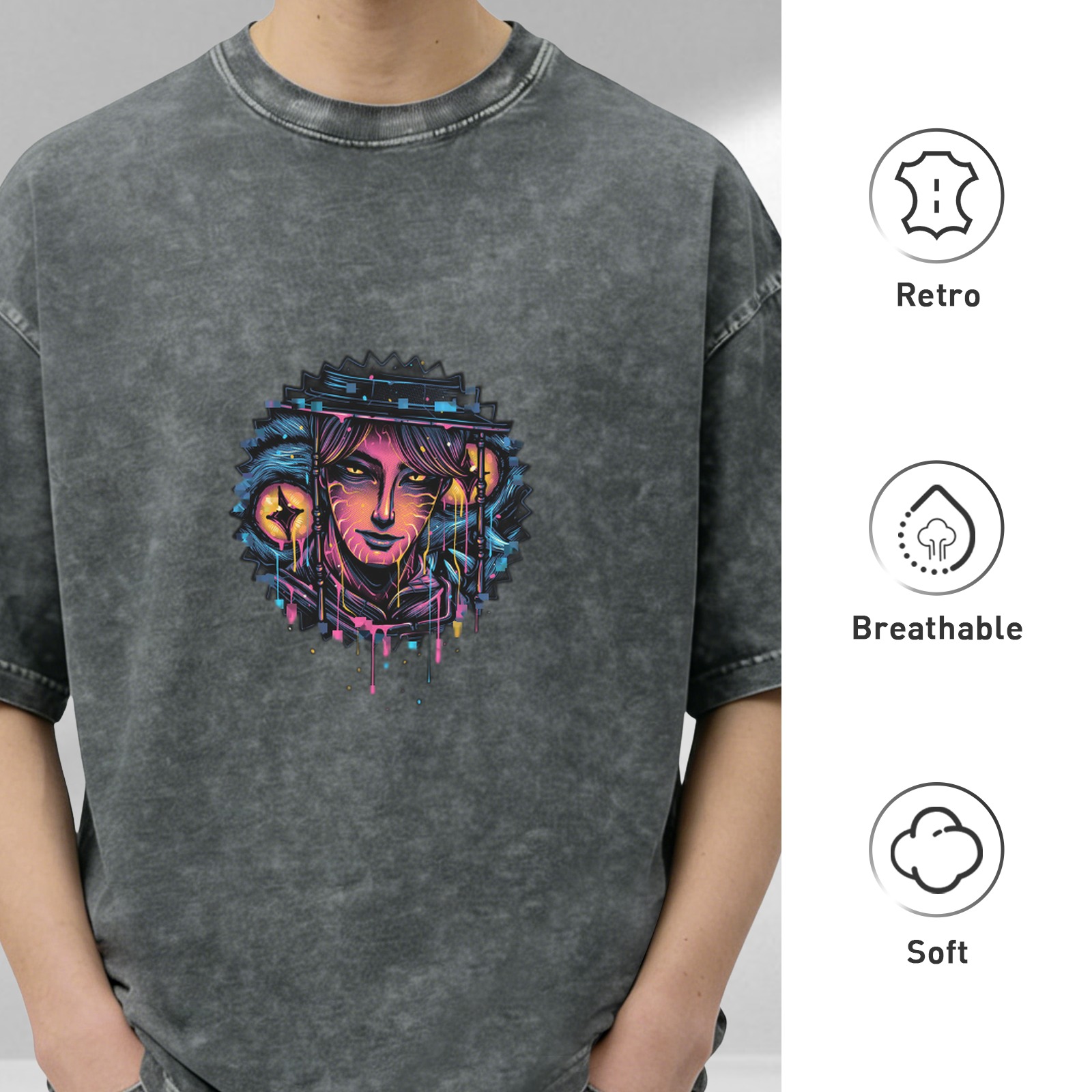 Oversized Acid Wash T-Shirt with Neon Cyberpunk Graphic Print