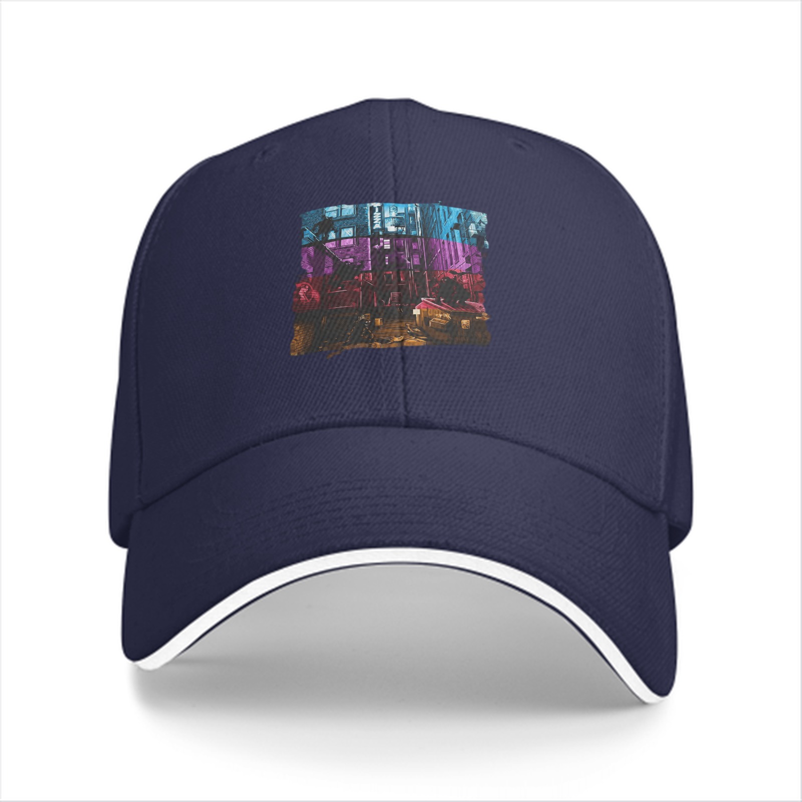 Black Baseball Cap with Neon Cyberpunk Cityscape Graphic