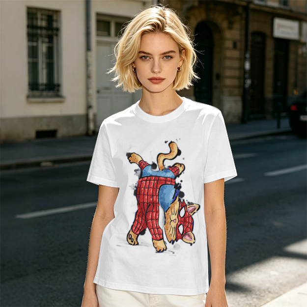 Olive T-Shirt With Playful Spider Cat Superhero Graphic Print