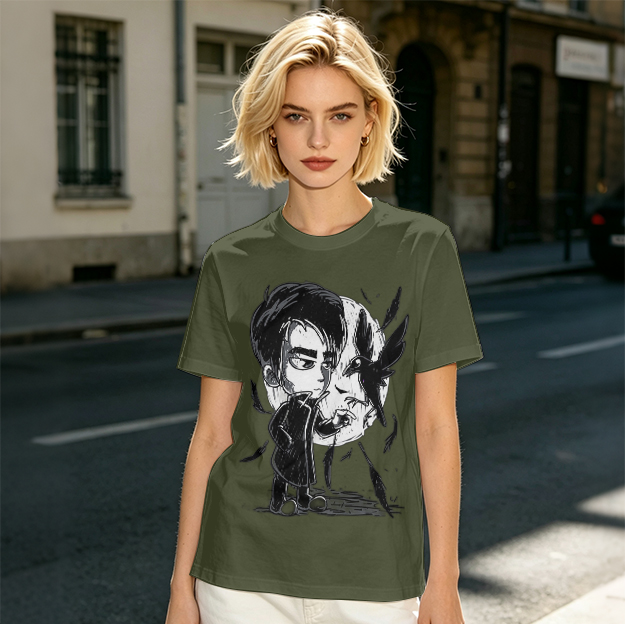 Olive T-Shirt with Chibi Dark Character and Crow Print