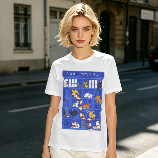 Olive T-Shirt with Police Box and Playful Cats Graphic