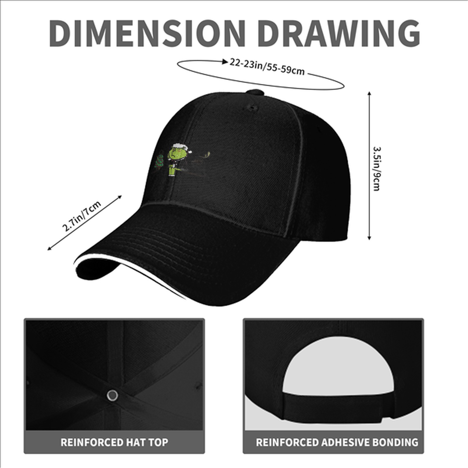 Black Baseball Cap With Grinch Stealing Christmas Tree Design