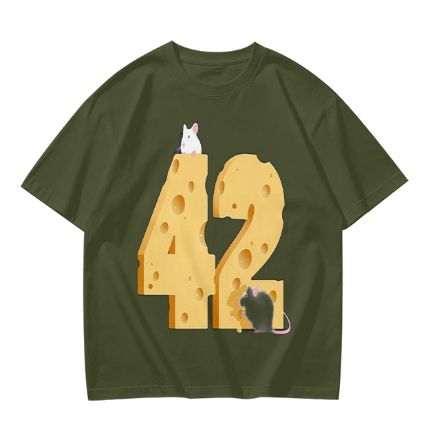 Olive T-Shirt With Cheese Number 42 And Mice Graphic