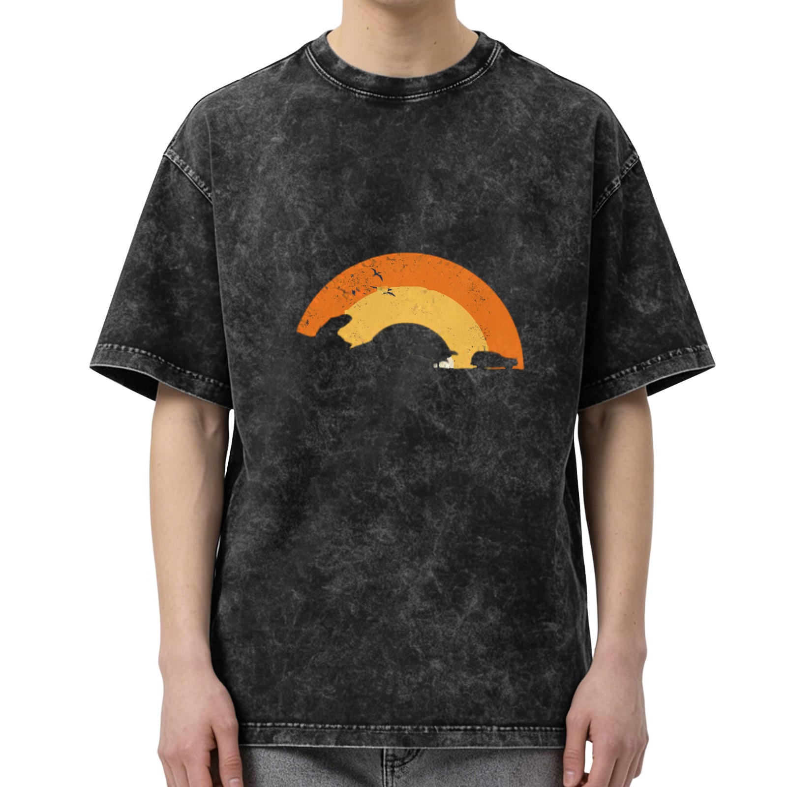 Washed Black Oversized T-Shirt with Retro Sunset Graphic