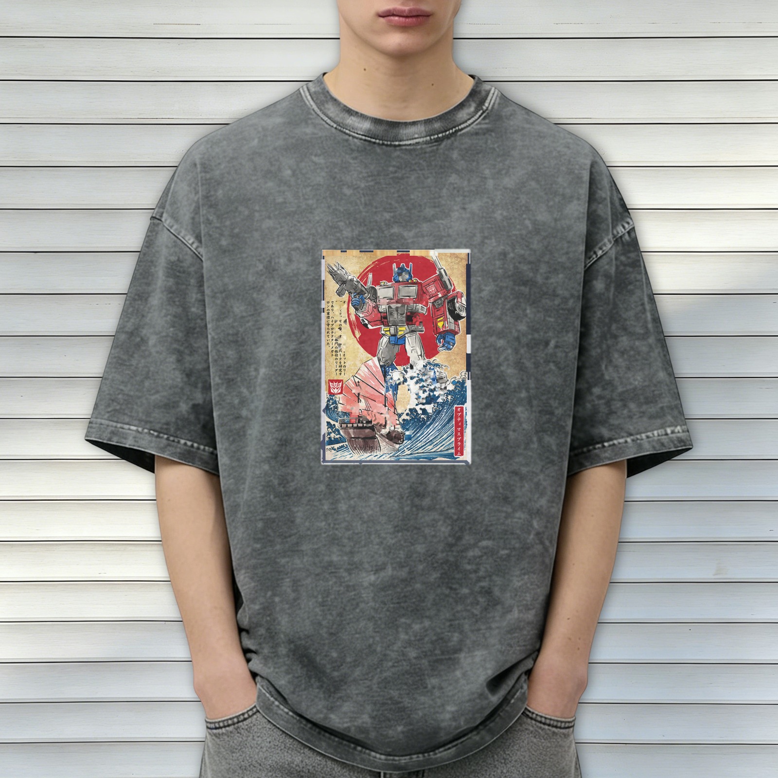 Washed Black T-Shirt with Transformers Ukiyo-e Style Graphic
